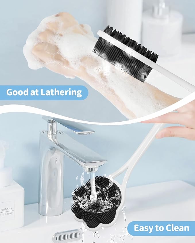 Manmihealth 15.7" Cute Silicone Back Scrubber with Long-Handle, Dual Use Back Brush for Shower with Super-Soft Silicone Bristles, Paw-Shaped Shower Body Scrubber for Sensitive Skin (Black)