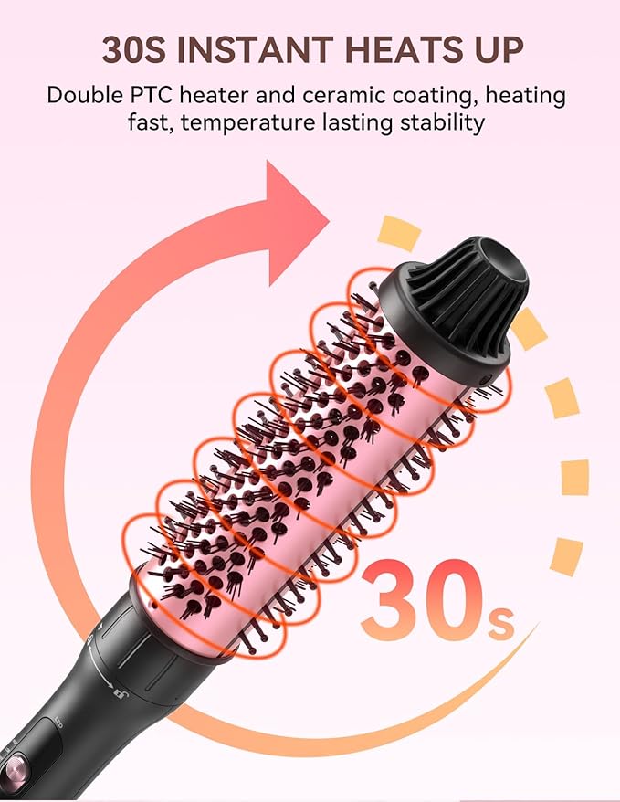 LANDOT Heated Round Thermal Brush: 1-1/2 inch Curling Brush for Blowout Volumizing Look - Dual Voltage Ceramic Curling Iron Wand with Detachable Head Travel-Friendly