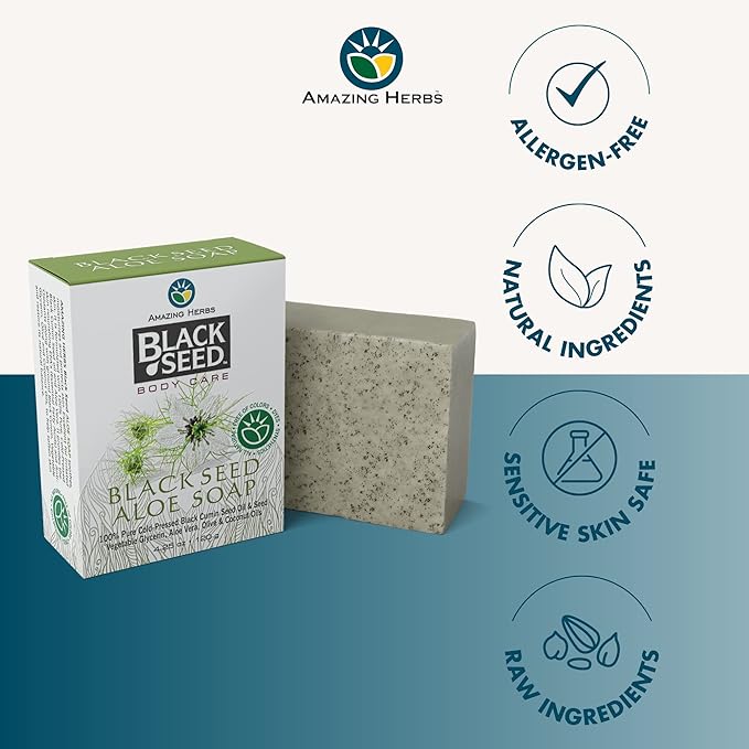 Amazing Herbs Black Seed Soap - 100% Pure Cold-Pressed Black Cumin Seed Oil, All Natural, Free of Colors, Dyes, & Fragrances - Black Seed Aleo Vera Soap, 4.25 Oz (Pack of 3)