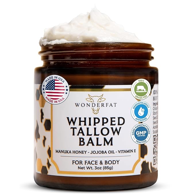 Grass-Fed Whipped Tallow Balm – Face & Body Moisturizer with Manuka Honey – Lightweight, Fast-Absorbing Hydration for Dry, Sensitive Skin – Unscented, Clean Formula – 3 oz
