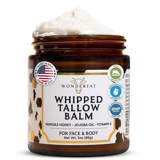 Grass-Fed Whipped Tallow Balm – Face & Body Moisturizer with Manuka Honey – Lightweight, Fast-Absorbing Hydration for Dry, Sensitive Skin – Unscented, Clean Formula – 3 oz
