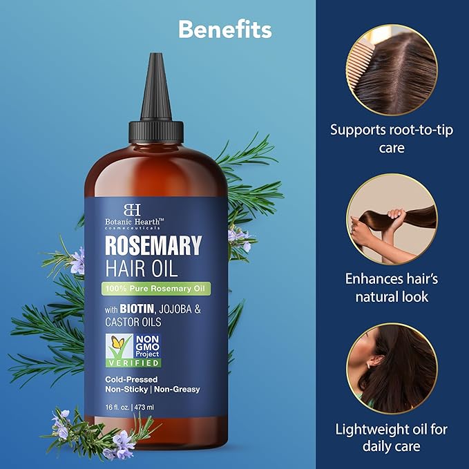 Botanic Hearth 100% Pure Rosemary Oil for Hair Growth | Infused with Biotin, Jojoba & Castor Oil | Hair Oil Repairs Dry Damaged Hair, Strengthening, Healthier - Hair Tonic, 16 fl oz