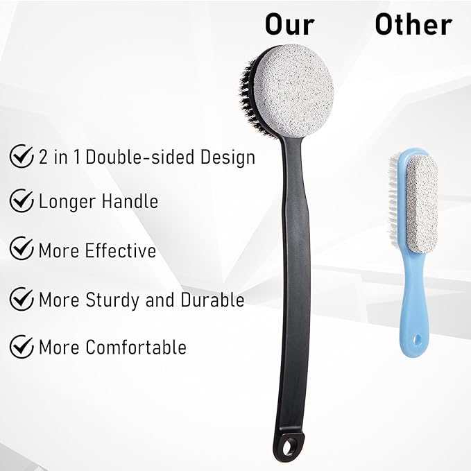 Pumice Stone for Feet and Shower Brush with Long Handle 13.7",Hard Skin Callus Remover, 2 in 1 Foot Scrubber Brush, Back Scrubber Body Brush for Shower Deep Cleansing and Exfoliating (Curved)