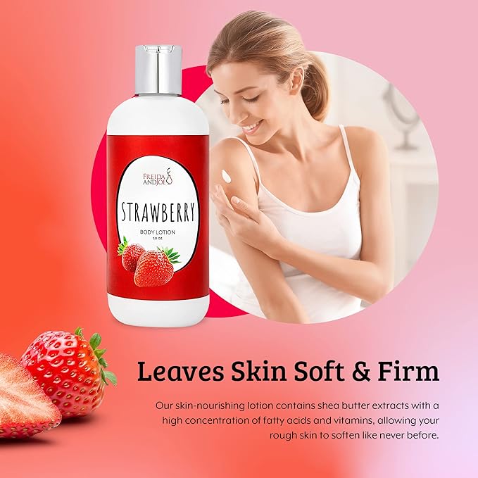 Freida and Joe Scented Body Lotion For Women, Deep Moisturizing Hand Cream, Womens Luxury Stocking Stuffers & Fragrance Gifts That Smell Good, 10oz (Strawberry)