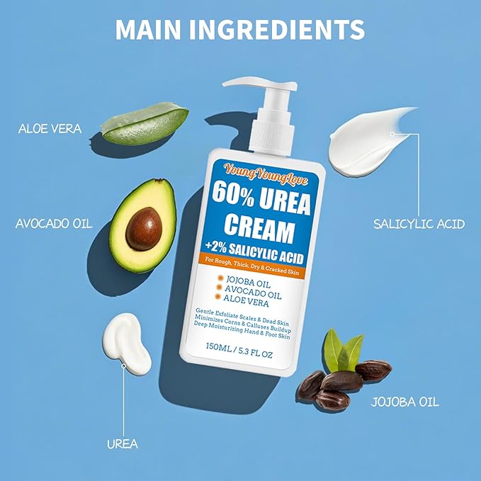 Urea Cream 60% - Urea Foot Cream with Moisturizing Heel Socks for Dry Cracked Hands Heels, 60 Percent for Feet Maximum Strength with 2% Salicylic Acid, Jojoba Oil, Aloe Vera, 5.31oz (Blue, 5.3oz)