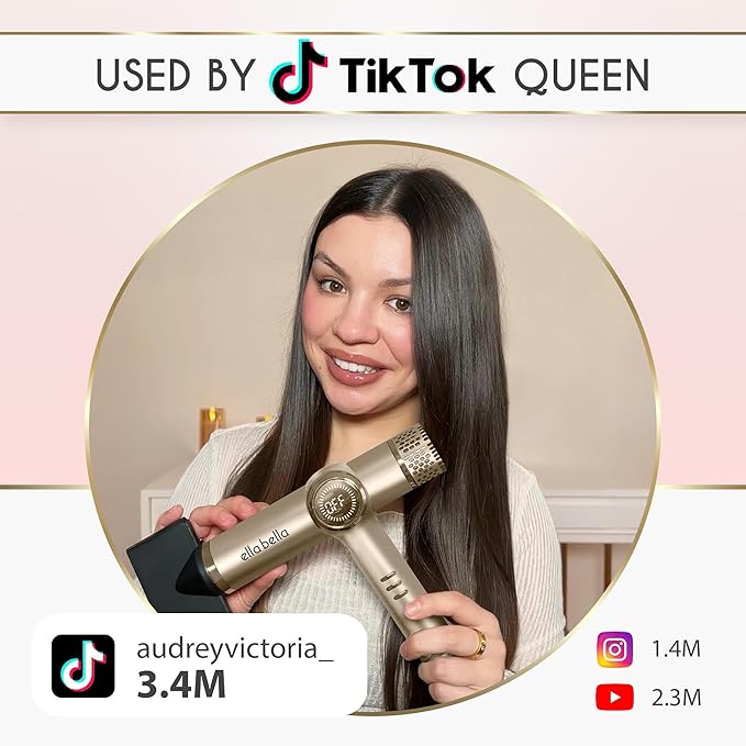 ELLA BELLA® Professional Ionic Hair Dryer with Diffuser • Negative Ion Blow Dryer • Suitable All Hair Types • Intelligent Heat Control & Rapid Drying Speeds • Lightweight Design • Low Noise Technology