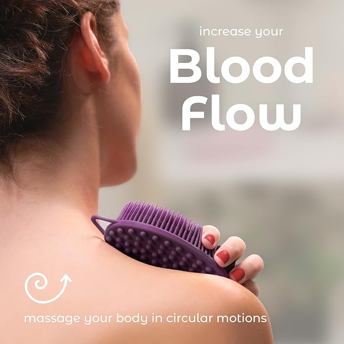 MainBasics Silicone Body Scrubber – Dual-Sided Shower Scrubber with Massage Nodes, Silicone Loofah Alternative for Deep Clean (Purple, Massage)