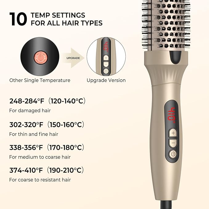 1.5 in Thermal Brush, Curling Iron Heated Round Curling Volumizing, The Ceramic Barrel Heats up 30S, LCD Display 10 Temperatures frizz-Free Curls The Ionic