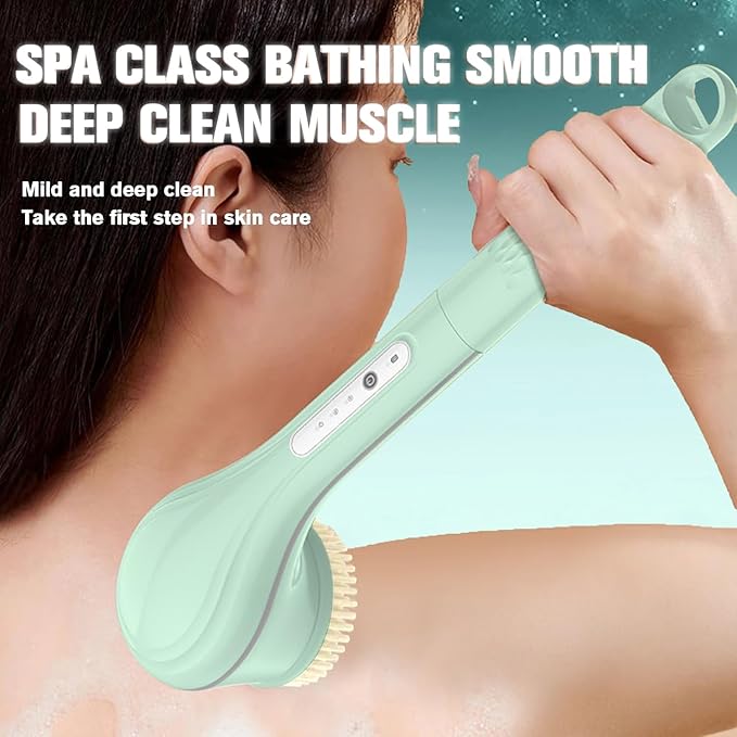 Electric Body Brush, Electric Body Scrubber, Long Handle Body wash applicator, Silicone Back Brush, 6 Shower Brush Heads ，for Cleaning, Massage and Exfoliation (Light Green)