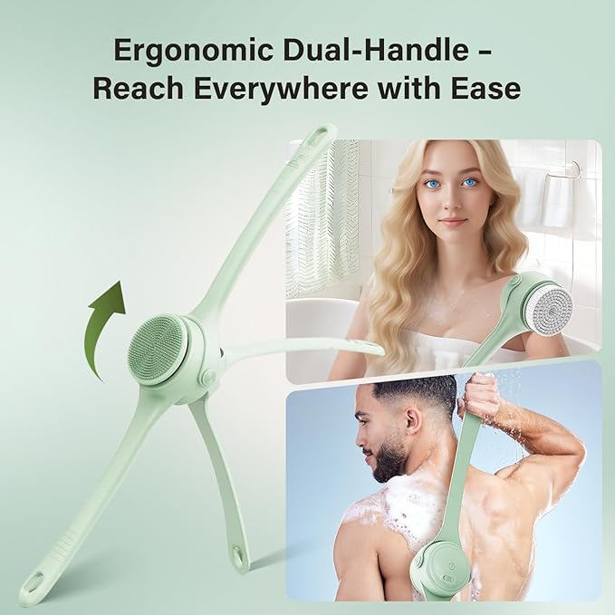 Electric Body Brush Back Scrubber for Shower, 8 Replaceable Heads and Hook, Long Handle, 2-Speed, Type-C Rechargeable, Waterproof, for Cleansing, Exfoliating and Massaging Skin（Green）