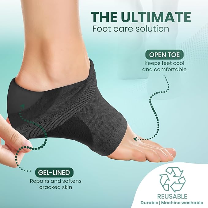 Moisturizing Heel Socks for Cracked Heels - Gel Socks for Dry Cracked Feet Repair - Silicone Socks for Women’s Foot Treatment & Overnight Hydration (Black, 2-Pair)