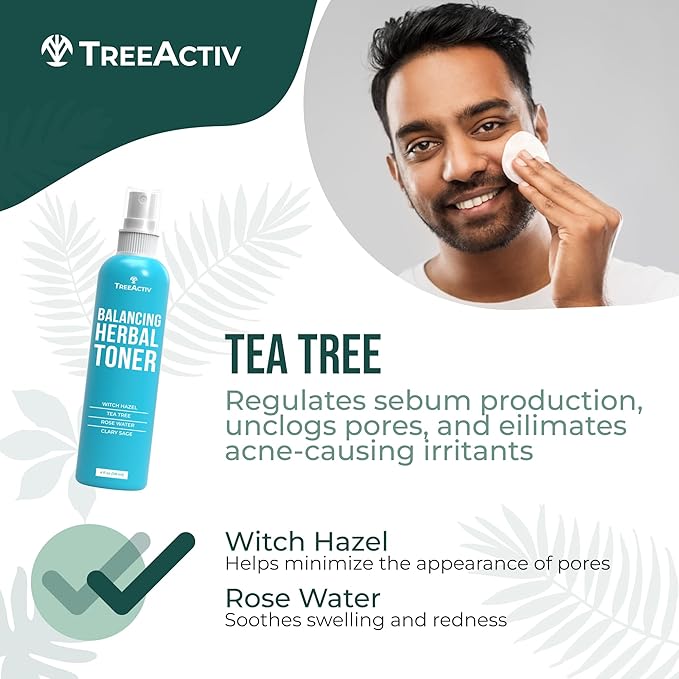 TreeActiv Balancing Herbal Toner | Facial Skin Moisturizer | Witch Hazel | Rose Water | Clary Sage | Tea Tree | Natural Astringent | Alcohol-Free | Reduce Oily Face Acne | Men, Women, Teens | 4 fl oz