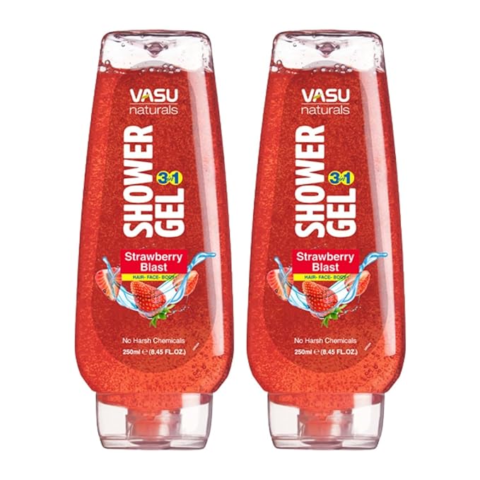 Vasu Naturals Shower Gel for Men & Women, Strawberry Body Wash, Pack of 2 (8.45 fl oz Each) – Gentle Daily Cleanser with Hydrating & Nourishing Formula, Refreshing Skin Care for All Skin Types