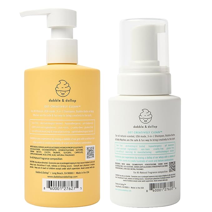 Dabble & Dollop Lemon + Vanilla Body Wash & Shampoo – 3-in-1 Natural Bubble Bath for Kids, No Parabens or Sulfates, Vegan, Gluten-Free, Tear-Free (2-Pack)