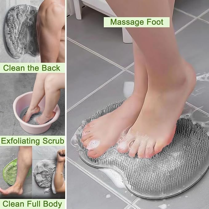 2 PCS Shower Foot & Back Scrubber Brush, Hands Free Wall Mounted Back Massager Mat with Non-Slip Suction Cups Deep Cleaning Foot Brush Exfoliating Silicone Massage Cleaner (Green&Grey)