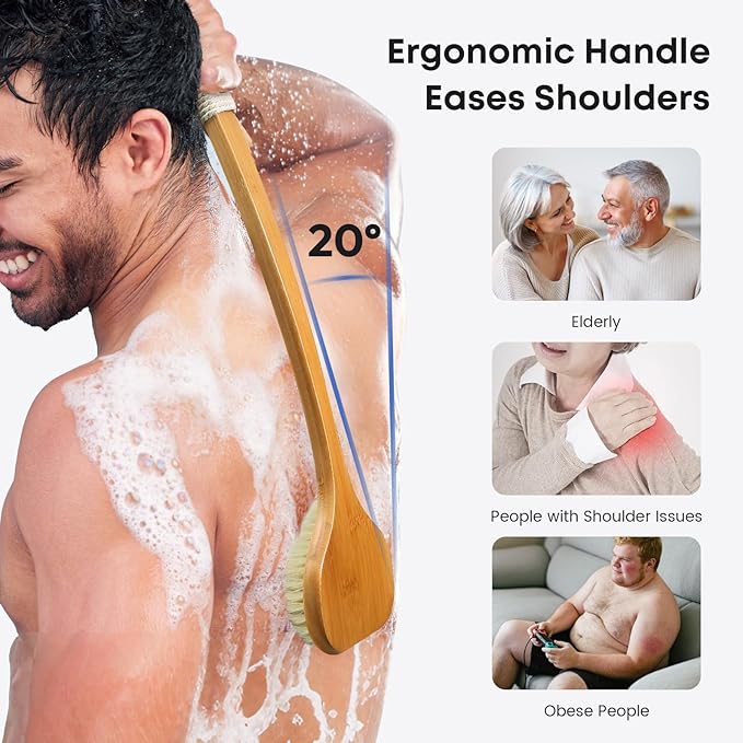Bamboo Back Scrubber with Curved Long Handle, 17.3 Inches Exfoliating Shower Brush with Stiff Bristles for Men and Women, Back Washer Body Exfoliator for Bath or Dry Brushing