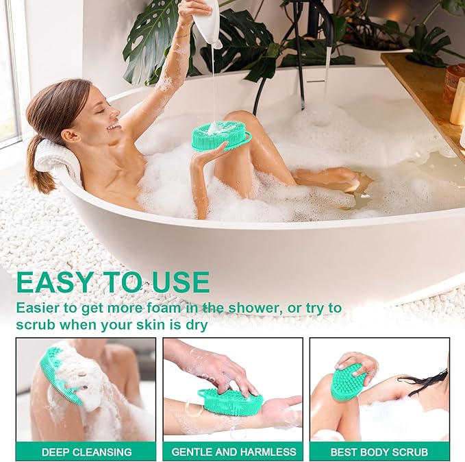 Metene Silicone Exfoliating Body Scrubber with Loop, Body Scrubber for Men and Women, Silicone Loofah for Shower, Soft Silicone for Shower and Bath Skincare Routine(Green)