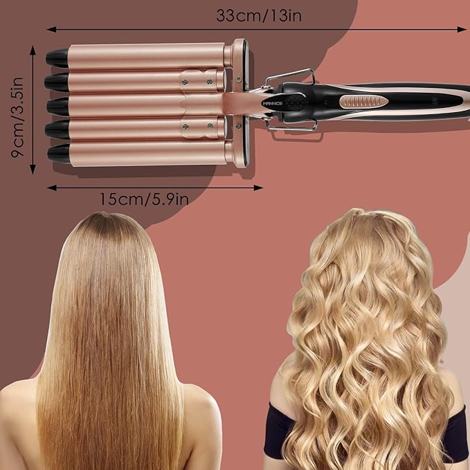 5 Barrel Hair Crimpers and Wavers, Fast Heat 15mm Portable Wand for Long Hair, Adjustable Two-Gear Temperature Wavy Curler (Gold)