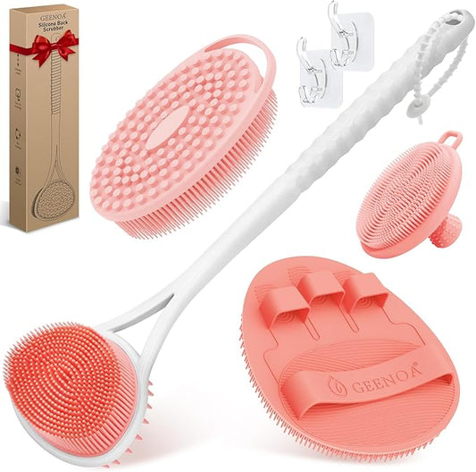 Silicone Back Body Face Scrubbers Set 4PCS, 15.35’’ Back Scrubber Soft Body Scrubber for Dual-Side Usage, Easy-to-Hold Soft Bath Glove & Face Scrubber for Good Foaming Deep Cleaning(Pink)