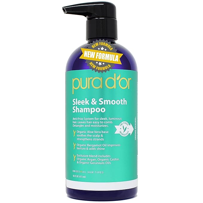 PURA D'OR Sleek & Smooth Shampoo (16oz) Soothing and Strengthening Formula with Organic Aloe Vera, Argan, Castor, Bergamot & Geranium