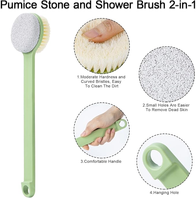 Pumice Stone for Feet and Shower Brush with Long Handle 14", Hard Skin Callus Remover, 2 in 1 Foot Scrubber Brush, Back Scrubber Body Brush for Shower Deep Cleansing and Exfoliating (Straight)