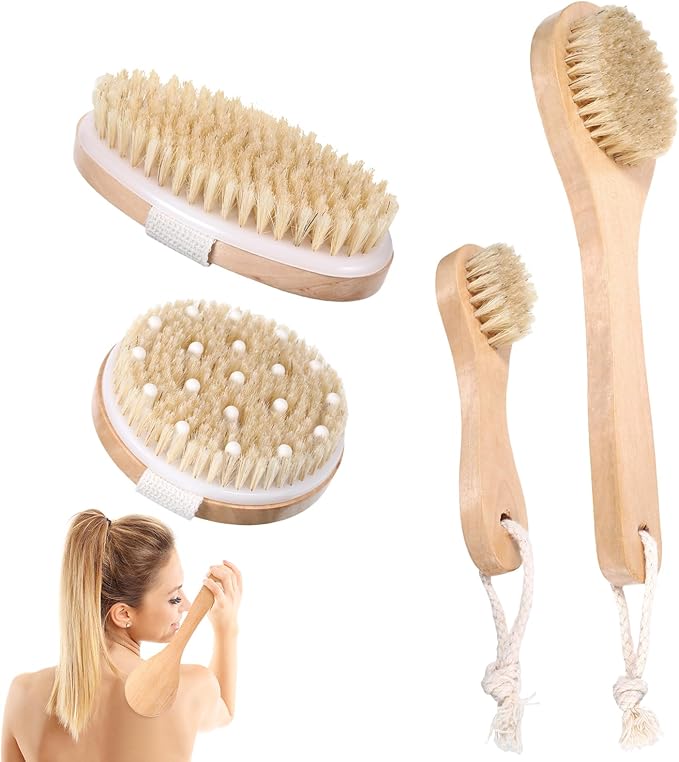 4 Pcs Dry Brushing Body Brush for Lymphatic Drainage, Pore Cleaning Brush Set Long Handle Back Scrubber for Shower, Soft Dry Brush for Body Face, Bath Brushing Cellulite Exfoliating Brushes