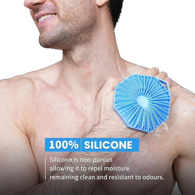 iTokGoK® Silver-Infused 2-in-1 Silicone Body Scrubber, Double-Sided Design Body Brush Body Scrubber Exfoliating Body Brushes for Sensitive Skin for Showering, Silicone Loofah - Sky Blue