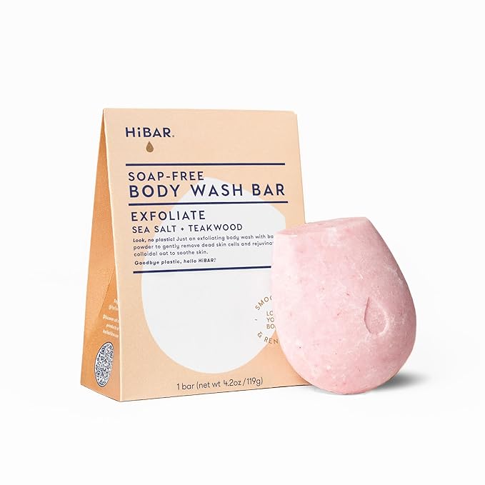 HIBAR - Exfoliate Solid Body Wash Bar - Revive & Restore - With Bamboo Powder & colloidal oat - Daily Use & Sensitive Skin - Plastic, Paraben & Soap-Free - Vegan - Sea Salt + Teakwood
