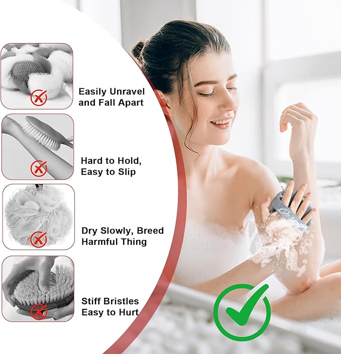 Silicone Body Scrubber Shower Brush, Exfoliating Body Wash Scrubbers for All Skin Types, Ergonomic No-Slip Handle, Exfoliation & Gentle Massage,Body Brush for Showering with Hanging Hole(Gray)