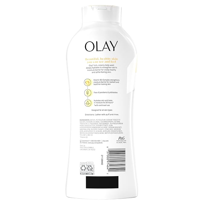 Olay Body Wash for Women, Ultra Moisture, 24hr Moisturizing, Hydrating & Refreshing, B3 Vitamin Complex, Free of Parabens & Phthalates, For All Skin Types, Shea Butter Scent, 22 fl oz (Pack of 4)