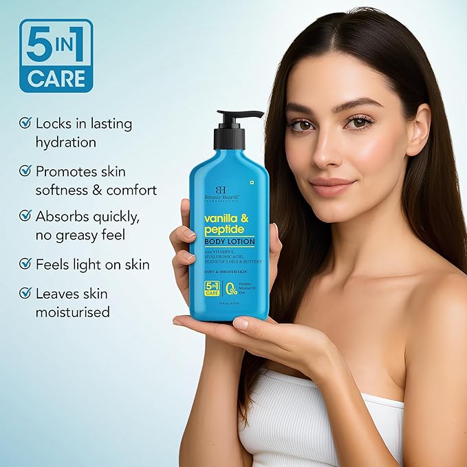Botanic Hearth Vanilla & Peptide Body Lotion 16 fl oz | Soft & Smooth Skin | 5 Oil Blend & Butters | 5-in-1 Care | Paraben Free, Dye Free | Daily Moisturizing Lotion for All Skin Types