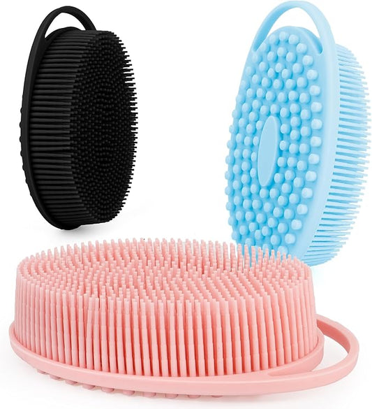 3 PCS Soft Silicone Body Scrubber,Silicone Body Shower,Silicone Loofah 2 in 4 Bath and Shampoo Brush, Body Scrubber Shower Cleaning Exfoliating Use,Lather Well, Black,Pink,Blue