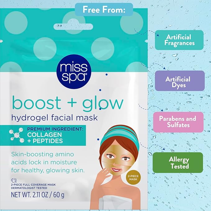 MISS SPA Boost Glow Hydrogel Facial Mask Collagen & Peptide Infused Sheet Mask Moisturizing, Firming & Radiance-Boosting Skincare Treatment for Glowing Skin, Anti Aging Skin Care, 4 Pack