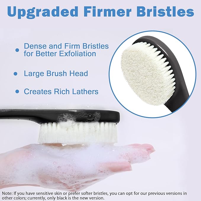 Exfoliating Shower Brush Bath Body Brush, Never Mold 15" Back Brush Long Handle for Shower, Dry Brushing Body Brush or Wet Brush with Moderate Bristle, Black