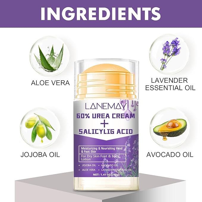 2Pcs Urea Cream 60% for Feet & Dry Cracked Skin, Cracked Heel Repair Stick Maximum Strength Moisturizing Foot & Hand Balm (Lavender)