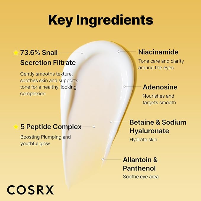 COSRX Snail Mucin Peptide Under Eye Cream, 0.84 fl oz, 73.7% Snail Mucin and Niacinamide, Eye Care, Eye Cream Anti Aging, Dark Circles, Korean Skin Care, Stocking Stuffers for Women