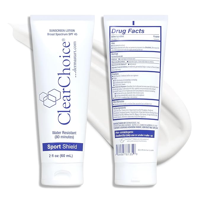 Clear Choice Sport Shield SPF 45 – Mineral Sunscreen & Moisturizer | Non-Greasy Broad-Spectrum Face & Body SPF | Micronized Zinc Oxide | No White Cast | Dermatologist Recommended 60 ml / 2 oz
