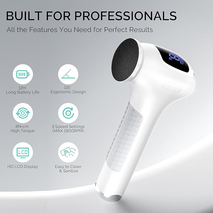 L'UGX Electric Foot Callus Removers –Powerful 8N·cm Torque Professional Pedicure Foot File, 3-Speed Settings, LCD Display, 60pcs Sandpaper Discs, Type-C Rechargeable, Ergonomic Handle-White