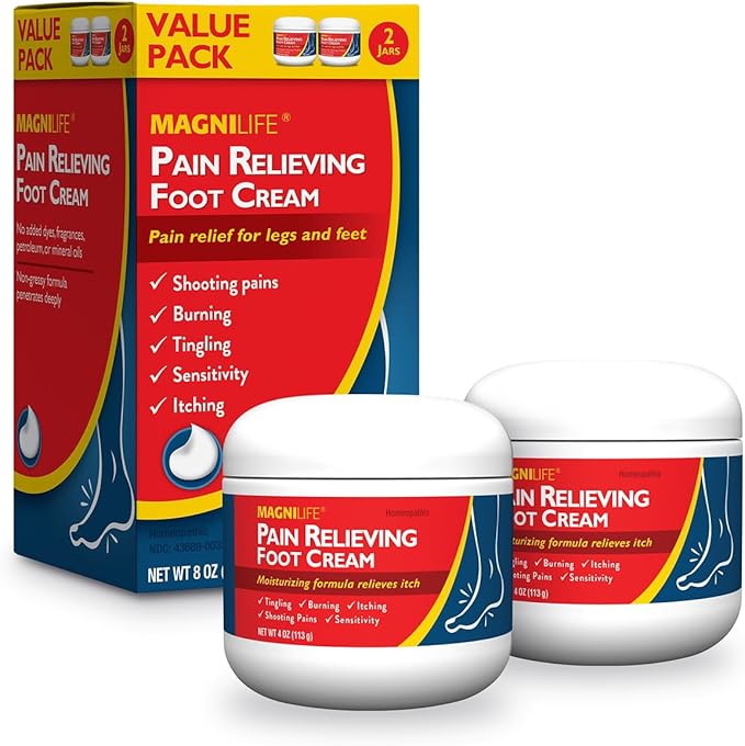 MagniLife Pain Relieving Foot Cream, 2 x 4 oz Jars, Soothing Relief for Soreness, Pain, Burning, Tingling, Itching or Sensitivity in Feet & Legs, Moisturizing & Hydrating Foot Cream, No Petroleum