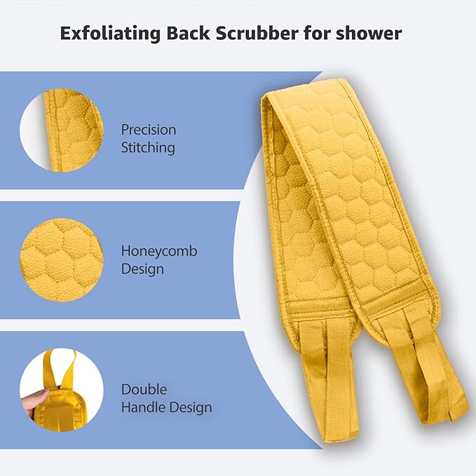 Back Scrubber for Shower with Handles, 40 Inch Extra Long Double-Sided Exfoliating Bath Strap, Textured Body Washer with Extended Reach for Deep Cleaning (Yellow)