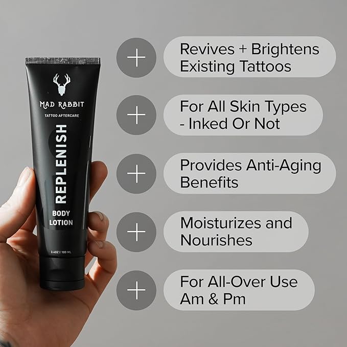Replenish Tattoo Body Lotion - Fragrance-Free Lotion, Non-Greasy & Silicone-Free, Clean Ingredients, Lightweight for Daily Use (3.4 Fl Oz)