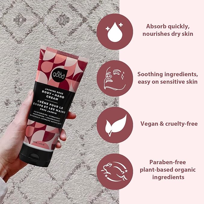 All Good Hand & Body Lotion - Moisturizing Organic Lotion for Dry Skin - Jasmine Oil, Cocoa Butter, Rosehip Oil, Arnica, Vitamin E - Non-Greasy Body Butter, 6 fl oz (Jasmine Rose)