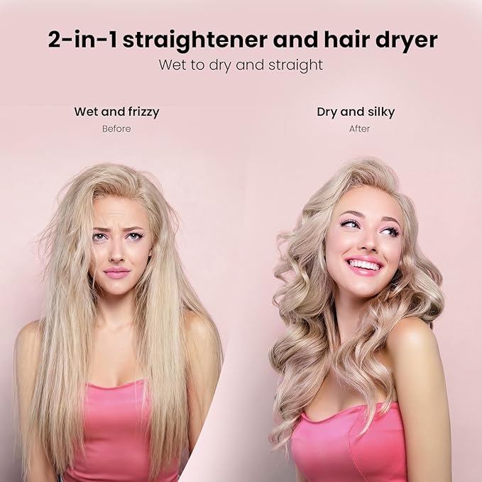 Hair Straightener - 2 in 1 Wet to Dry Hair Dryer and Straightener with High-Speed Airflow + Rapid Heat-Up + Customizable Temperature + LCD Display & Auto Shut-Off + No Heat Damage (Pure Gold)