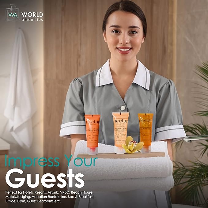 World Amenities Nectar Hand & Body Lotion | Sweet Orange Blossom, Mini Travel Size Toiletries (100% Recyclable Tube with Flip Top Cap) Hotel Amenities, Airbnb Rentals, Suitable for All Skin Types