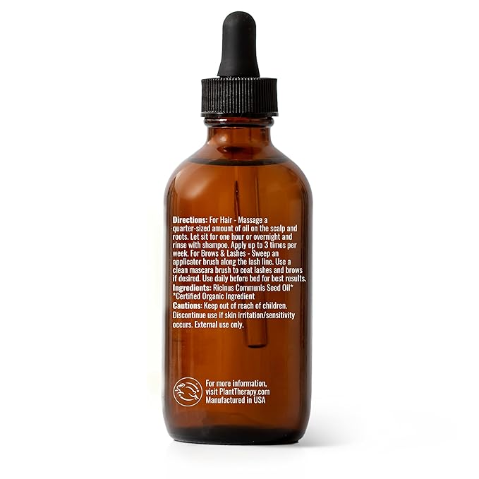 Plant Therapy Organic Castor Oil 4oz - 100% Pure & Natural Grade for Nourishing Hair and Skin Treatment - Cold Pressed - USDA Certified - Hexane Free - Stimulates Hair Growth, Treats Dry Skin