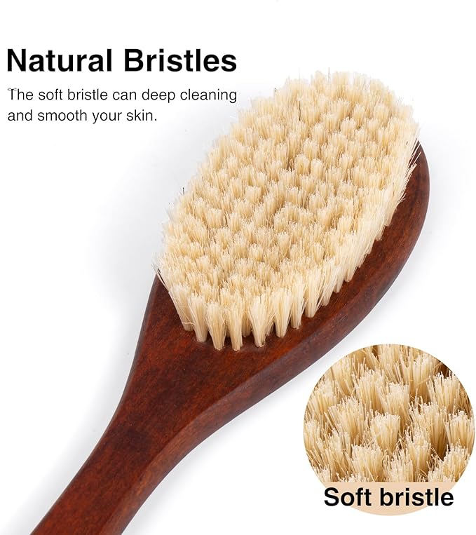 Wooden Bath Brush with Gentle Bristles Long Handle for Shower Back Scrubber Body Exfoliator (Gental Boar Bristle)