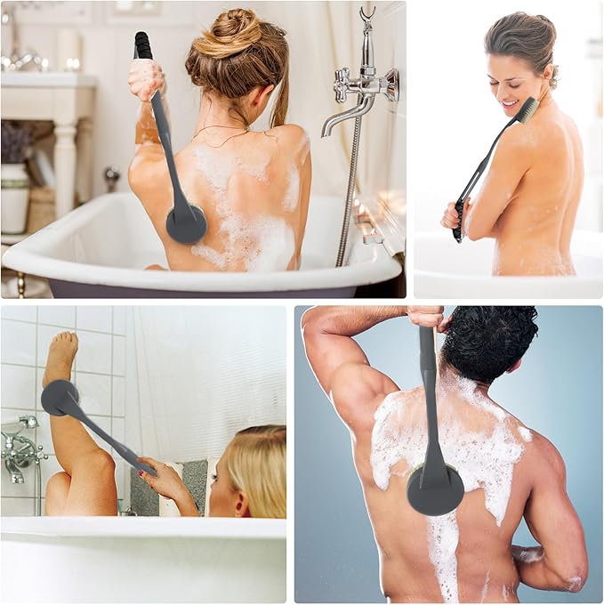 Back Brush Long Handle for Shower, 20.5” Bath Brush, Back Scrubber, Shower Body Brush with Curved Handle for Elderly Disabled, Limited Mobility, Frozen Shoulder,Men and Women