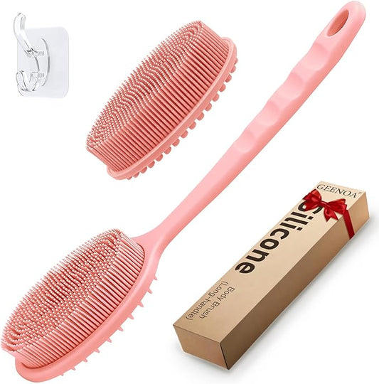 Silicone Back Scrubber for Shower, Gentle Shower Scrubber for Lathering, Softe Silicone Loofah with Two Replaceable Brush Heads, Good for Kids, Sensitive Skin(Pink-Two Heads)