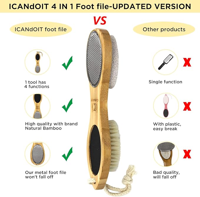 ICANdOIT-2 Packs Natural Bamboo Foot File Callus Remover-Multi Purpose 4 in 1 Feet Pedicure Kit with Boar Bristle Brush,Pumice Stone,Foot Rasp,Sand Paper