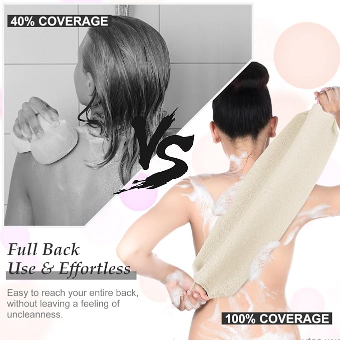 Moukeren Exfoliating Back Scrubber with Handles 4 Pack Nylon Back Exfoliator Extended Length Washers Scrubbers Stretchable Pull Strap Exfoliating Washcloth(Grey, Cream White)